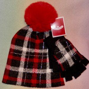 HOLIDAY TIME ADULT SNOWFLAKE RED AND BLACK HAT AND GLOVE SET * NEW * ONE SIZE *
